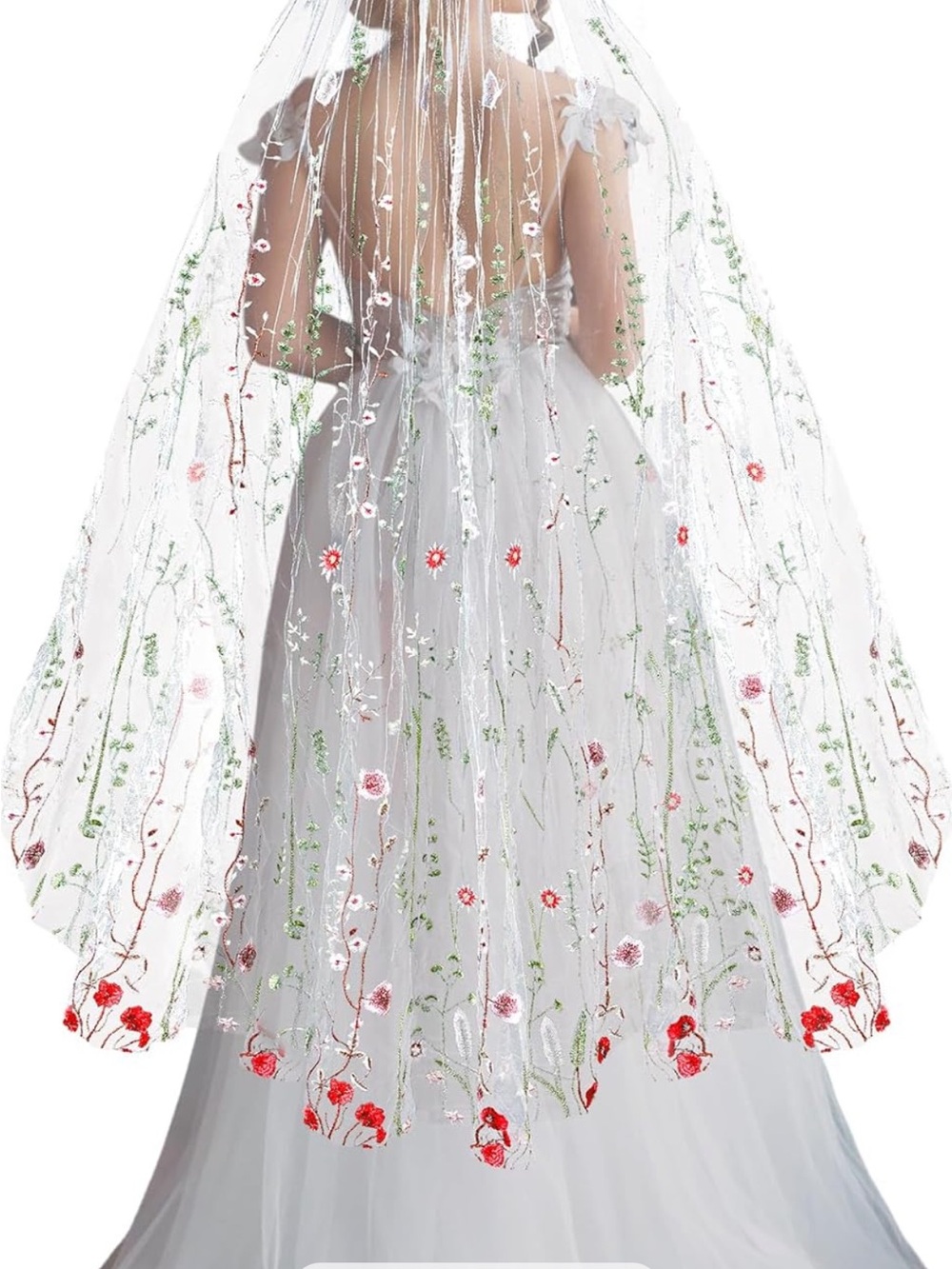 Embroidered Floral Bridal Veil - White with Red & Green Accents